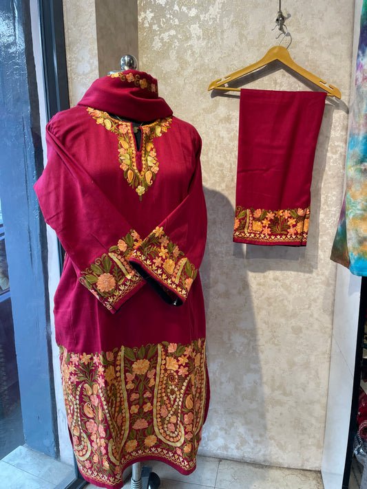 Aari Embroidered Pheran Suit  | Red
